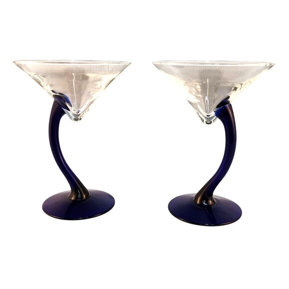 Vintage Libbey Swerve Cobalt Blue Curved Stem Martini Glasses - Set Of 2 - MCM S - Picture 1 of 11